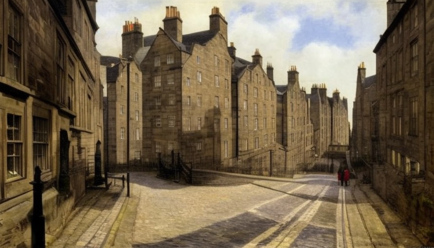 a street in edinburgh with a sign for a high tech company called NCTech, High Resolution, Hyper Detailed, Sharp Focus, Peaceful, Hyper Realistic by Edwin Austin Abbey
