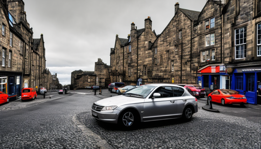 a street in edinburgh, shop sign for NCTech, car in street, modern days, Atmospheric, High Resolution, Hyper Detailed, Sharp Focus, Colorful, Hyper Realistic by Edwin Austin Abbey