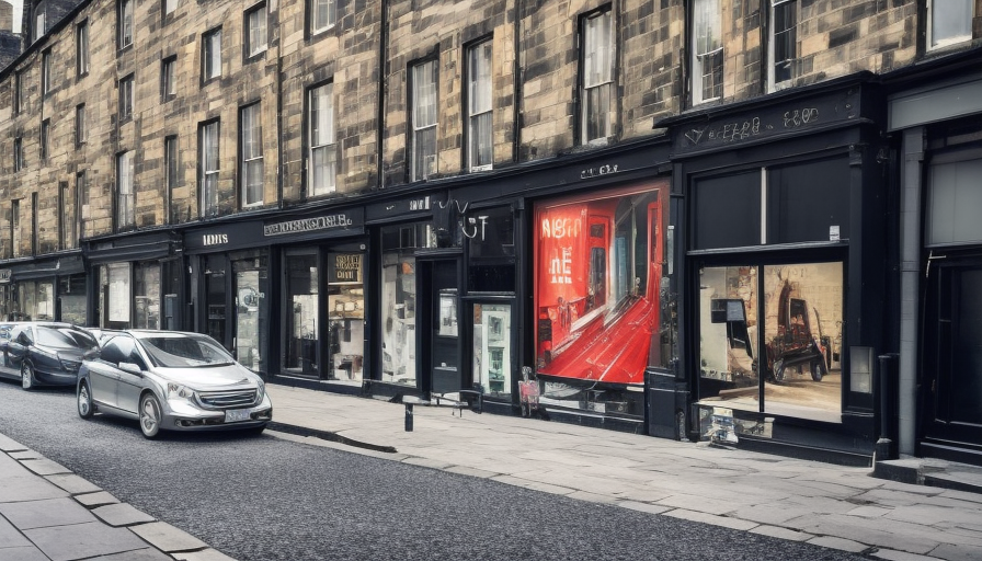 a street in edinburgh, shop sign for NCTech, car in street, modern days, Atmospheric, High Resolution, Hyper Detailed, Sharp Focus, Colorful, Hyper Realistic by Marina Abramovic