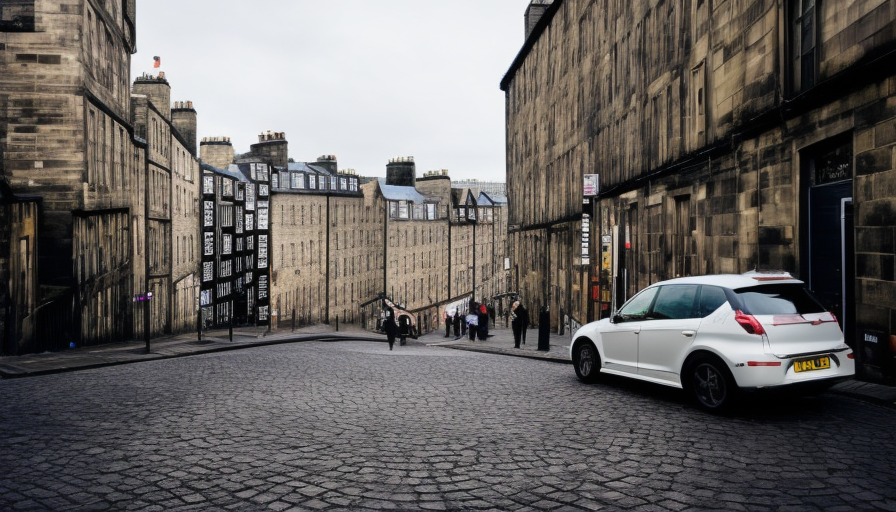 a street in edinburgh, shop sign for NCTech, car in street, modern days, Atmospheric, HD, High Definition, High Resolution, Highly Detailed, Hyper Detailed, Masterpiece, Sharp Focus, Realism, Colorful, Hyper Realistic by Marina Abramovic