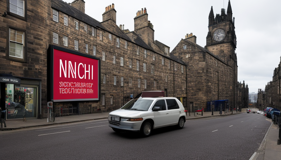 a street in edinburgh, shop named NCTech with big sign, a very big sign on a wall  car in street, modern days, Atmospheric, HD, High Definition, High Resolution, Highly Detailed, Hyper Detailed, Masterpiece, Sharp Focus, Dehazed, Wide Angle, Realism, Colorful, Hyper Realistic by Marina Abramovic