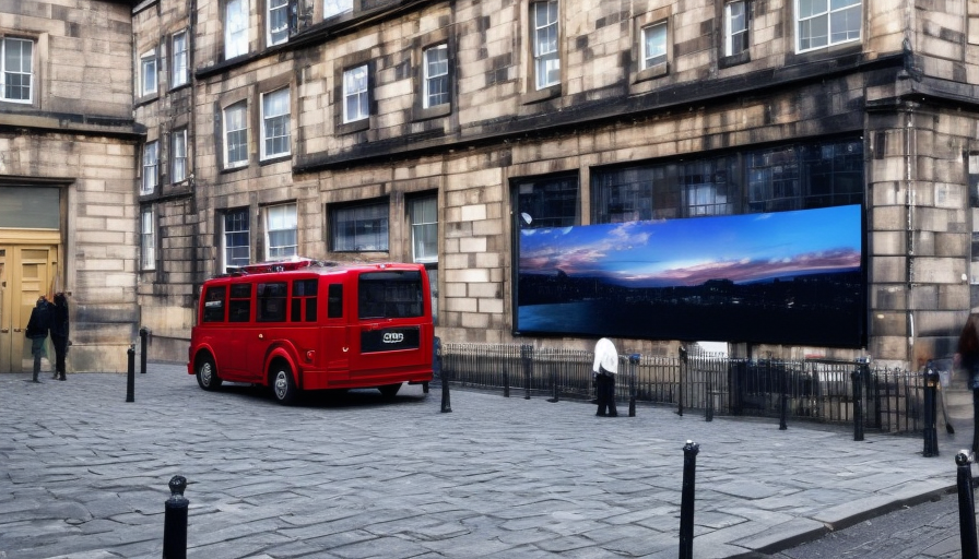 a street in edinburgh, NCTech with big sign, a very big sign on a wall  car in street, modern days, Atmospheric, HD, High Definition, High Resolution, Highly Detailed, Hyper Detailed, Masterpiece, Sharp Focus, Dehazed, Wide Angle, Realism, Colorful, Hyper Realistic by Marina Abramovic