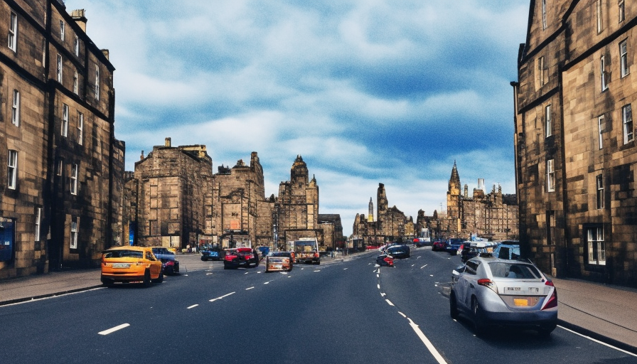 road in  edinburgh, very big shopt front sign with NCT on it. Modern cars in street., 8k, High Definition, High Resolution, Highly Detailed, Hyper Detailed, Masterpiece, Modern, Photo Realistic, Wide-angle lens, Visionar, Colorful by Etel Adnan, Alena Aenami