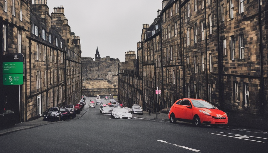 road in  edinburgh, shop named NCTech. Modern cars in street., 8k, High Definition, High Resolution, Highly Detailed, Hyper Detailed, Masterpiece, Modern, Photo Realistic, Wide-angle lens, Visionar, Colorful by Etel Adnan, Alena Aenami