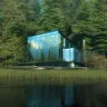 Beautiful futuristic architectural glass house in the forest on a large lake, 8k, Award-Winning, Highly Detailed, Beautiful, Epic, Octane Render, Unreal Engine, Radiant, Volumetric Lighting by Stanley Artgerm Lau
