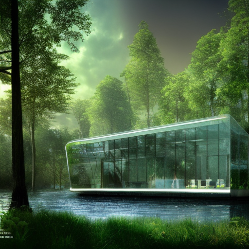 Beautiful futuristic architectural glass house in the forest on a large lake, 8k, Award-Winning, Highly Detailed, Beautiful, Epic, Octane Render, Unreal Engine, Radiant, Volumetric Lighting by Stanley Artgerm Lau