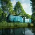 Beautiful futuristic architectural glass house in the forest on a large lake, 8k, Award-Winning, Highly Detailed, Beautiful, Epic, Octane Render, Unreal Engine, Radiant, Volumetric Lighting by Wayne Barlowe