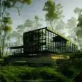 Beautiful futuristic architectural glass house in the forest on a large lake, 8k, Award-Winning, Highly Detailed, Beautiful, Epic, Octane Render, Unreal Engine, Radiant, Volumetric Lighting by Wayne Barlowe