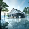 Beautiful futuristic architectural glass house in the forest on a large lake, 8k, Award-Winning, Highly Detailed, Beautiful, Epic, Octane Render, Unreal Engine, Radiant, Volumetric Lighting by Studio Ghibli