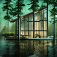 Beautiful futuristic architectural glass house in the forest on a large lake, 8k, Award-Winning, Highly Detailed, Beautiful, Epic, Octane Render, Unreal Engine, Radiant, Volumetric Lighting by Studio Ghibli