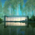 Beautiful futuristic architectural glass house in the forest on a large lake, 8k, Award-Winning, Highly Detailed, Beautiful, Epic, Octane Render, Unreal Engine, Radiant, Volumetric Lighting by Vincent van Gogh