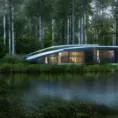 Beautiful futuristic architectural glass house in the forest on a large lake, 8k, Award-Winning, Highly Detailed, Beautiful, Epic, Octane Render, Unreal Engine, Radiant, Volumetric Lighting by Stefan Kostic