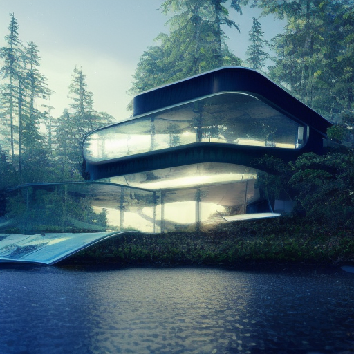Beautiful futuristic architectural glass house in the forest on a large lake, 8k, Award-Winning, Highly Detailed, Beautiful, Epic, Octane Render, Unreal Engine, Radiant, Volumetric Lighting by WLOP