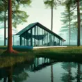Beautiful futuristic architectural glass house in the forest on a large lake, 8k, Award-Winning, Highly Detailed, Beautiful, Epic, Octane Render, Unreal Engine, Radiant, Volumetric Lighting by Beeple