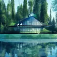 Beautiful futuristic architectural glass house in the forest on a large lake, 8k, Award-Winning, Highly Detailed, Beautiful, Epic, Octane Render, Unreal Engine, Radiant, Volumetric Lighting by Beeple