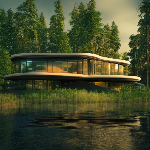 Beautiful futuristic architectural glass house in the forest on a large lake, 8k, Award-Winning, Highly Detailed, Beautiful, Epic, Octane Render, Unreal Engine, Radiant, Volumetric Lighting by Andreas Achenbach