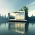Beautiful futuristic architectural glass house in the forest on a large lake, 8k, Award-Winning, Highly Detailed, Beautiful, Epic, Octane Render, Unreal Engine, Radiant, Volumetric Lighting by Norman Ackroyd