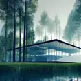 Beautiful futuristic architectural glass house in the forest on a large lake, 8k, Award-Winning, Highly Detailed, Beautiful, Epic, Octane Render, Unreal Engine, Radiant, Volumetric Lighting by Norman Ackroyd