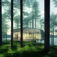 Beautiful futuristic architectural glass house in the forest on a large lake, 8k, Award-Winning, Highly Detailed, Beautiful, Epic, Octane Render, Unreal Engine, Radiant, Volumetric Lighting by Alvar Aalto