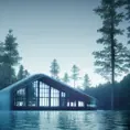 Beautiful futuristic architectural glass house in the forest on a large lake, 8k, Award-Winning, Highly Detailed, Beautiful, Epic, Octane Render, Unreal Engine, Radiant, Volumetric Lighting by Alvar Aalto