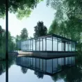 Beautiful futuristic architectural glass house in the forest on a large lake, 8k, Award-Winning, Highly Detailed, Beautiful, Epic, Octane Render, Unreal Engine, Radiant, Volumetric Lighting by Vito Acconci