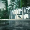 Beautiful futuristic architectural glass house in the forest on a large lake, 8k, Award-Winning, Highly Detailed, Beautiful, Epic, Octane Render, Unreal Engine, Radiant, Volumetric Lighting by Vito Acconci