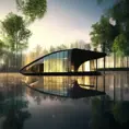Beautiful futuristic architectural glass house in the forest on a large lake, 8k, Award-Winning, Highly Detailed, Beautiful, Epic, Octane Render, Unreal Engine, Radiant, Volumetric Lighting by Ron Arad