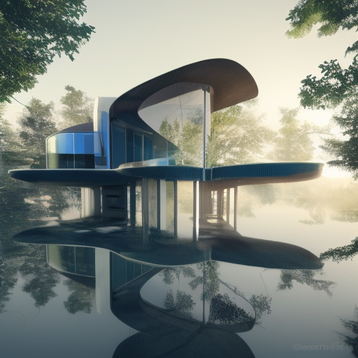 Beautiful futuristic architectural glass house in the forest on a large lake, 8k, Award-Winning, Highly Detailed, Beautiful, Epic, Octane Render, Unreal Engine, Radiant, Volumetric Lighting by Ron Arad