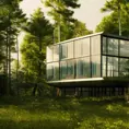 Beautiful futuristic architectural glass house in the forest on a large lake, 8k, Award-Winning, Highly Detailed, Beautiful, Epic, Octane Render, Unreal Engine, Radiant, Volumetric Lighting by Alexander Archipenko
