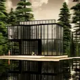 Beautiful futuristic architectural glass house in the forest on a large lake, 8k, Award-Winning, Highly Detailed, Beautiful, Epic, Octane Render, Unreal Engine, Radiant, Volumetric Lighting by Alexander Archipenko