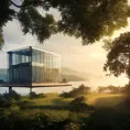 Beautiful futuristic architectural glass house in the forest on a large lake, 8k, Award-Winning, Highly Detailed, Beautiful, Epic, Octane Render, Unreal Engine, Radiant, Volumetric Lighting by Bernardo Bellotto