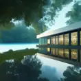 Beautiful futuristic architectural glass house in the forest on a large lake, 8k, Award-Winning, Highly Detailed, Beautiful, Epic, Octane Render, Unreal Engine, Radiant, Volumetric Lighting by Bernardo Bellotto