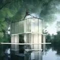 Beautiful futuristic architectural glass house in the forest on a large lake, 8k, Award-Winning, Highly Detailed, Beautiful, Epic, Octane Render, Unreal Engine, Radiant, Volumetric Lighting by Ricardo Bofill
