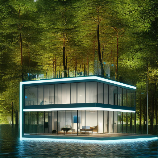 Beautiful futuristic architectural glass house in the forest on a large lake, 8k, Award-Winning, Highly Detailed, Beautiful, Epic, Octane Render, Unreal Engine, Radiant, Volumetric Lighting by Ricardo Bofill
