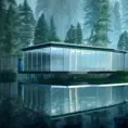 Beautiful futuristic architectural glass house in the forest on a large lake, 8k, Award-Winning, Highly Detailed, Beautiful, Epic, Octane Render, Unreal Engine, Radiant, Volumetric Lighting by Francesco Borromini