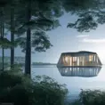 Beautiful futuristic architectural glass house in the forest on a large lake, 8k, Award-Winning, Highly Detailed, Beautiful, Epic, Octane Render, Unreal Engine, Radiant, Volumetric Lighting by Filippo Brunelleschi