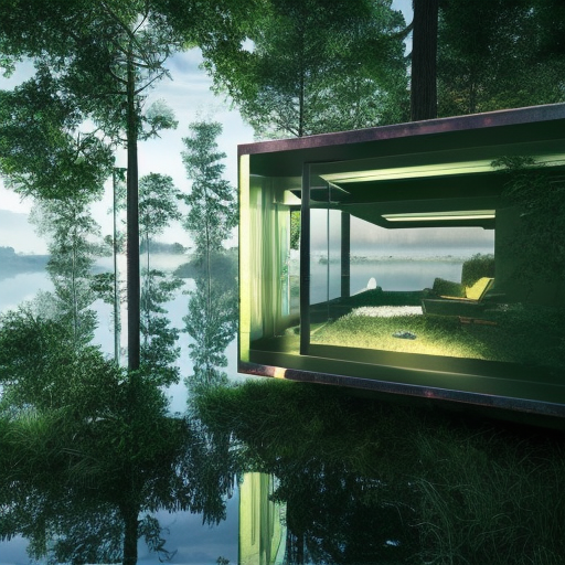 Beautiful futuristic architectural glass house in the forest on a large lake, 8k, Award-Winning, Highly Detailed, Beautiful, Epic, Octane Render, Unreal Engine, Radiant, Volumetric Lighting by Filippo Brunelleschi