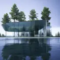 Beautiful futuristic architectural glass house in the forest on a large lake, 8k, Award-Winning, Highly Detailed, Beautiful, Epic, Octane Render, Unreal Engine, Radiant, Volumetric Lighting by Santiago Calatrava