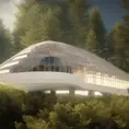 Beautiful futuristic architectural glass house in the forest on a large lake, 8k, Award-Winning, Highly Detailed, Beautiful, Epic, Octane Render, Unreal Engine, Radiant, Volumetric Lighting by Santiago Calatrava