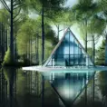Beautiful futuristic architectural glass house in the forest on a large lake, 8k, Award-Winning, Highly Detailed, Beautiful, Epic, Octane Render, Unreal Engine, Radiant, Volumetric Lighting by Vincent Callebaut