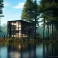 Beautiful futuristic architectural glass house in the forest on a large lake, 8k, Award-Winning, Highly Detailed, Beautiful, Epic, Octane Render, Unreal Engine, Radiant, Volumetric Lighting by Paul Catherall