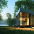 Beautiful futuristic architectural glass house in the forest on a large lake, 8k, Award-Winning, Highly Detailed, Beautiful, Epic, Octane Render, Unreal Engine, Radiant, Volumetric Lighting by David Chipperfield