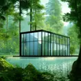 Beautiful futuristic architectural glass house in the forest on a large lake, 8k, Award-Winning, Highly Detailed, Beautiful, Epic, Octane Render, Unreal Engine, Radiant, Volumetric Lighting by David Chipperfield