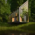 Beautiful futuristic architectural glass house in the forest on a large lake, 8k, Award-Winning, Highly Detailed, Beautiful, Epic, Octane Render, Unreal Engine, Radiant, Volumetric Lighting by Colin Campbell Cooper