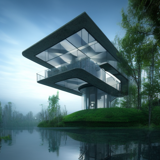Beautiful futuristic architectural glass house in the forest on a large lake, 8k, Award-Winning, Highly Detailed, Beautiful, Epic, Octane Render, Unreal Engine, Radiant, Volumetric Lighting by Adrian Donoghue