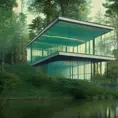 Beautiful futuristic architectural glass house in the forest on a large lake, 8k, Award-Winning, Highly Detailed, Beautiful, Epic, Octane Render, Unreal Engine, Radiant, Volumetric Lighting by Adrian Donoghue