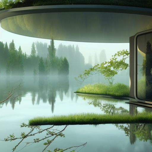 Beautiful futuristic architectural glass house in the forest on a large lake, 8k, Award-Winning, Highly Detailed, Beautiful, Epic, Octane Render, Unreal Engine, Radiant, Volumetric Lighting by Helen Allingham