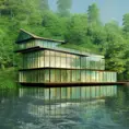 Beautiful futuristic architectural glass house in the forest on a large lake, 8k, Award-Winning, Highly Detailed, Beautiful, Epic, Octane Render, Unreal Engine, Radiant, Volumetric Lighting by Helen Allingham
