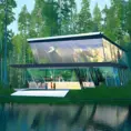 Beautiful futuristic architectural glass house in the forest on a large lake, 8k, Award-Winning, Highly Detailed, Beautiful, Epic, Octane Render, Unreal Engine, Radiant, Volumetric Lighting by Janet Echelman
