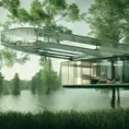 Beautiful futuristic architectural glass house in the forest on a large lake, 8k, Award-Winning, Highly Detailed, Beautiful, Epic, Octane Render, Unreal Engine, Radiant, Volumetric Lighting by Janet Echelman